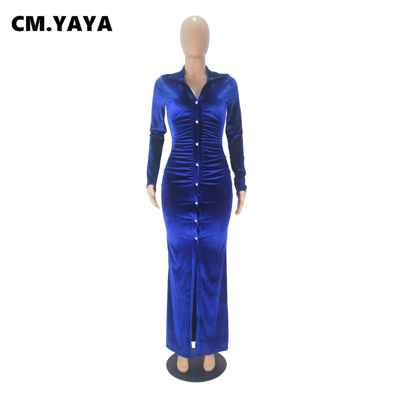 CM.YAYA Velvet Button Up High Slit Maxi Midi Bodycon Dress