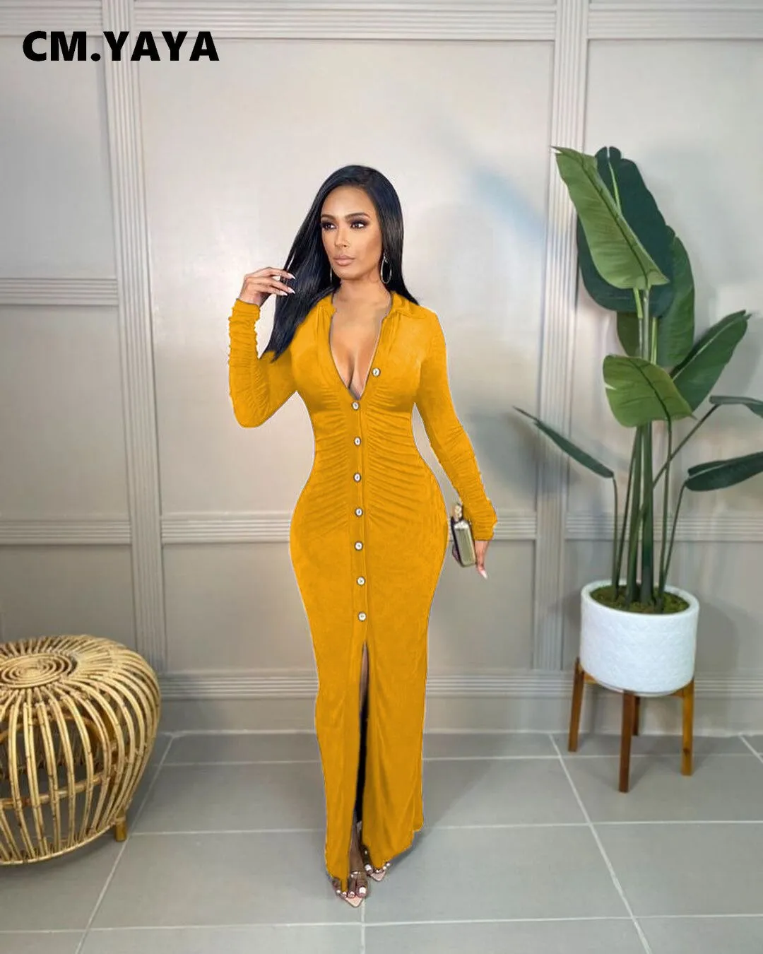CM.YAYA Velvet Button Up High Slit Maxi Midi Bodycon Dress