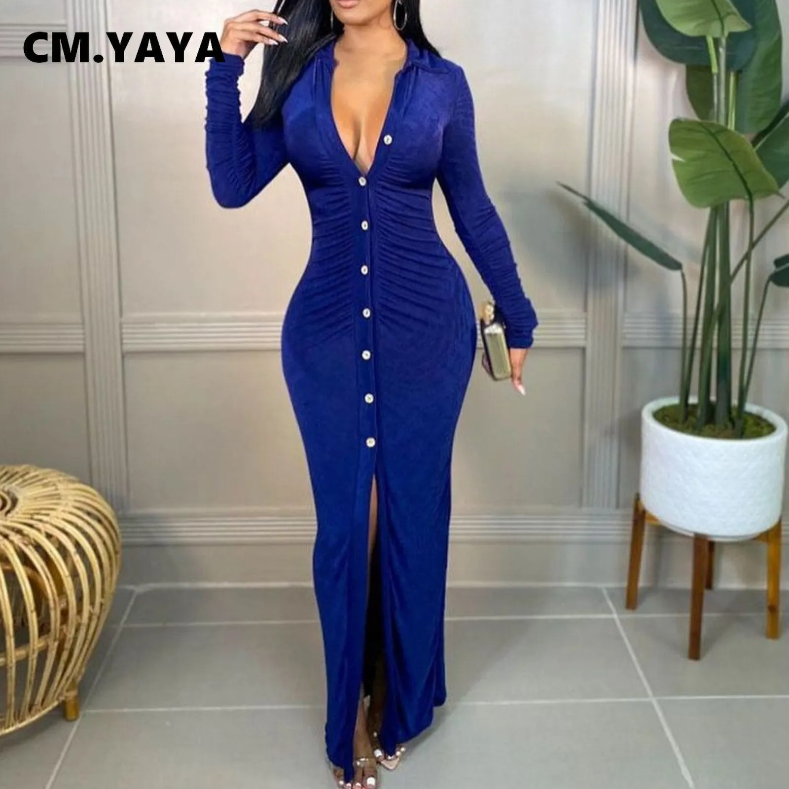 CM.YAYA Velvet Button Up High Slit Maxi Midi Bodycon Dress