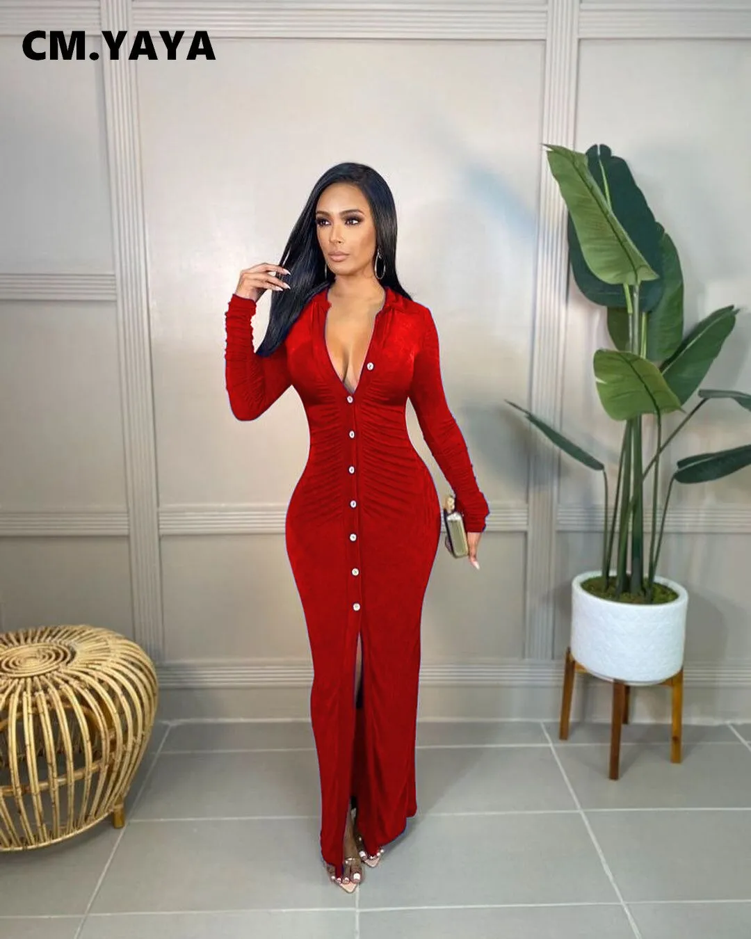 CM.YAYA Velvet Button Up High Slit Maxi Midi Bodycon Dress