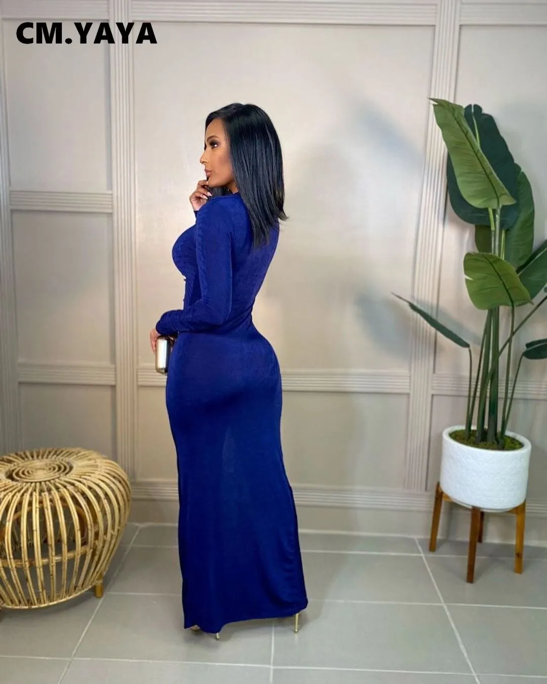 CM.YAYA Velvet Button Up High Slit Maxi Midi Bodycon Dress
