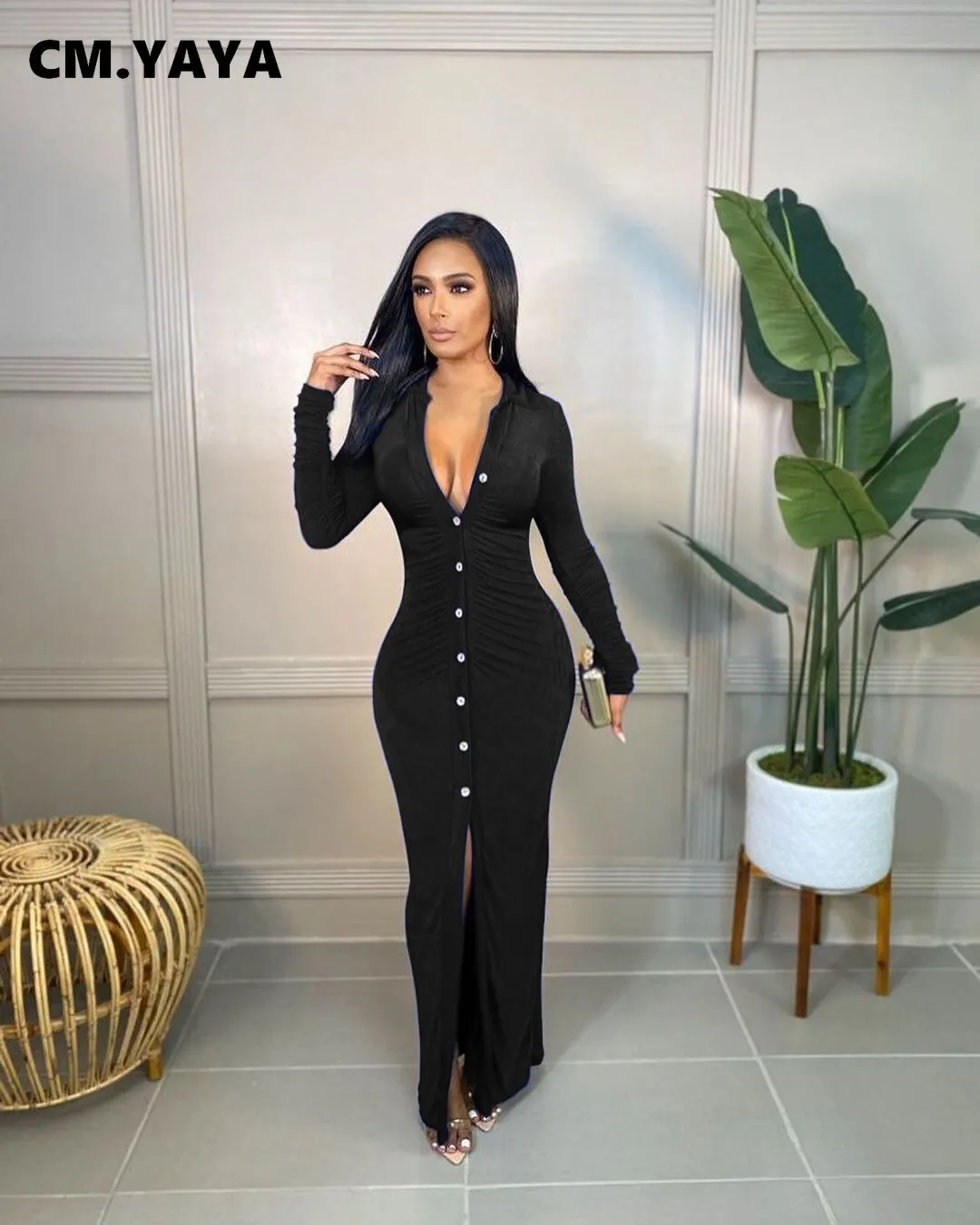 CM.YAYA Velvet Button Up High Slit Maxi Midi Bodycon Dress
