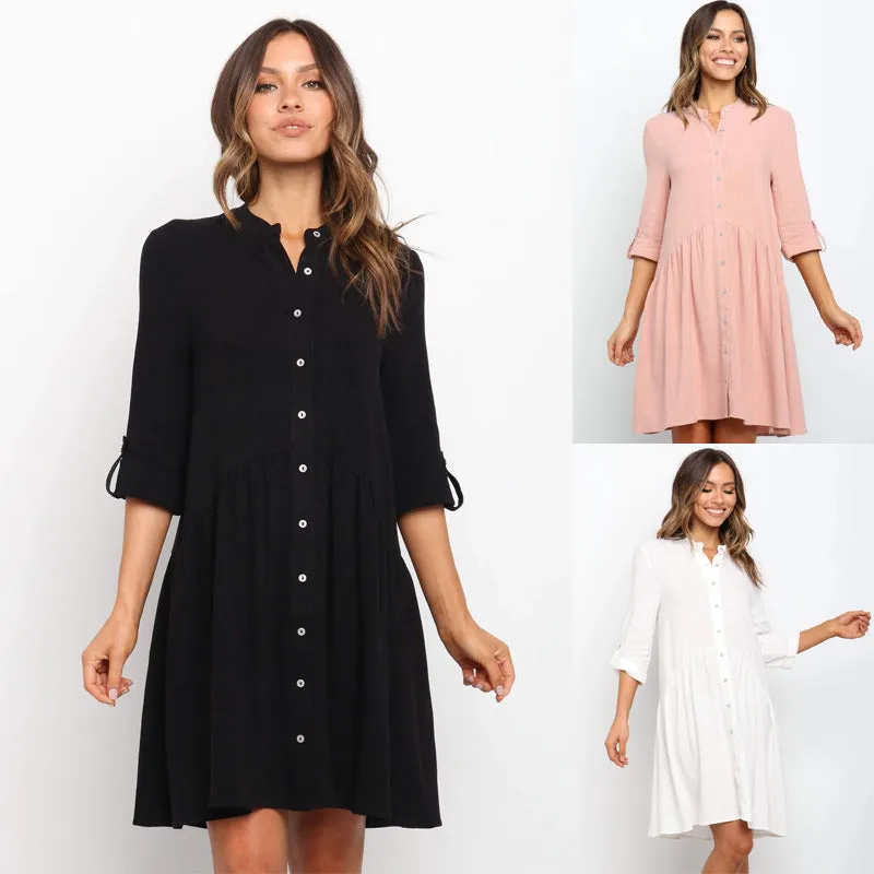 Comfy Vacation Single-Breasted Long Sleeve Mini Dresses