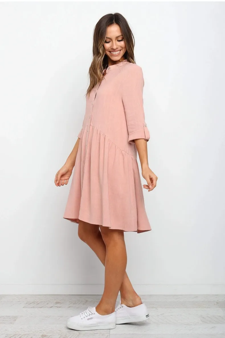 Comfy Vacation Single-Breasted Long Sleeve Mini Dresses