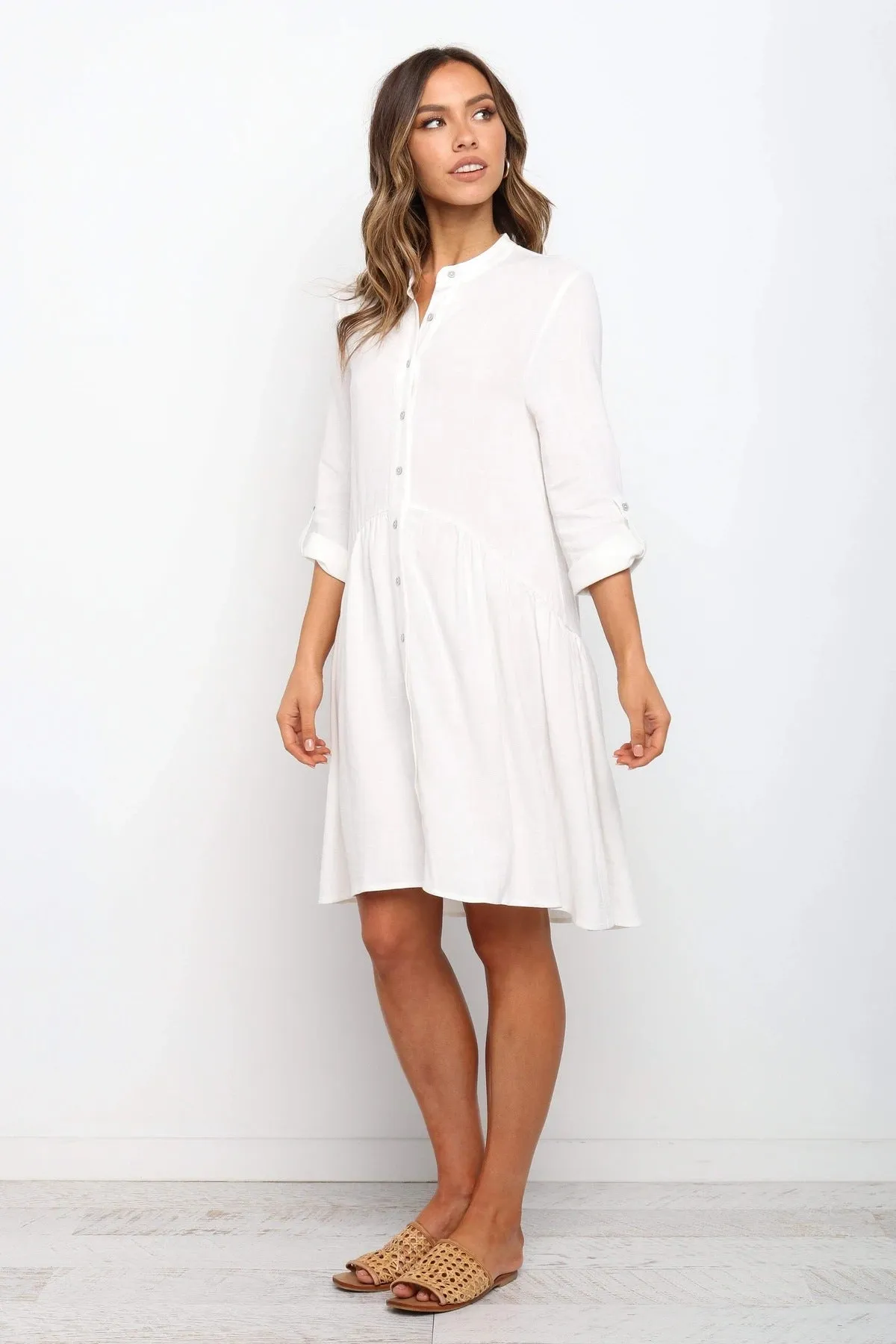 Comfy Vacation Single-Breasted Long Sleeve Mini Dresses