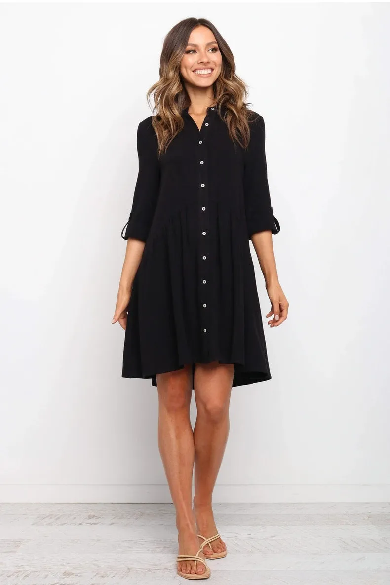 Comfy Vacation Single-Breasted Long Sleeve Mini Dresses