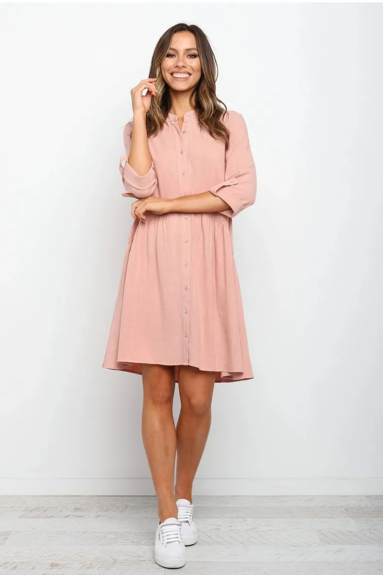 Comfy Vacation Single-Breasted Long Sleeve Mini Dresses