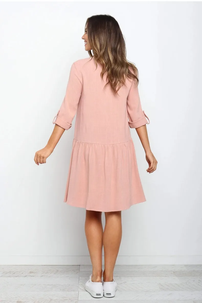 Comfy Vacation Single-Breasted Long Sleeve Mini Dresses