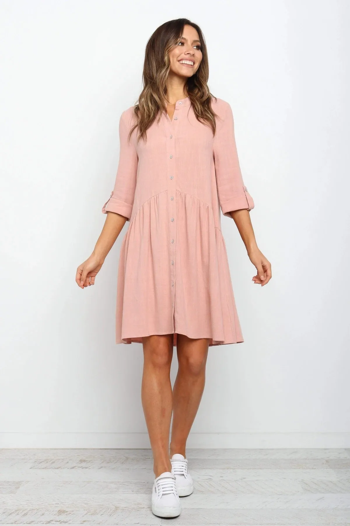 Comfy Vacation Single-Breasted Long Sleeve Mini Dresses