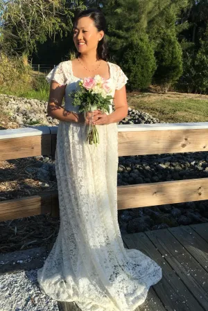 Country Queen Anne Short Sleeve Lace Pleated Maternity Wedding Dress-715508