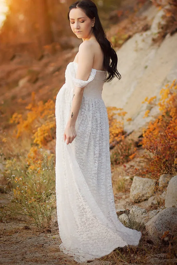 Country Queen Anne Short Sleeve Lace Pleated Maternity Wedding Dress-715508
