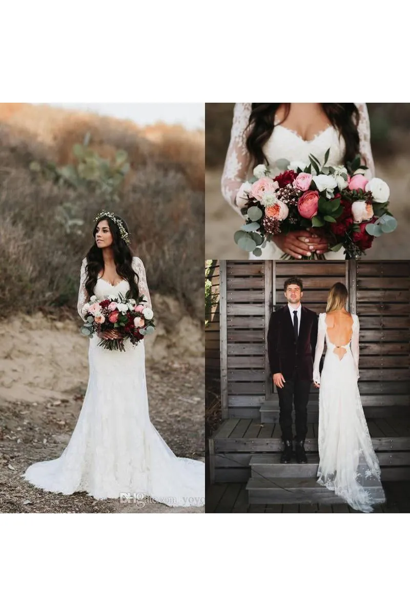 Country Style Sexy Deep V Neck Backless Long Sleeves Lace Court Train Wedding Gown-715399