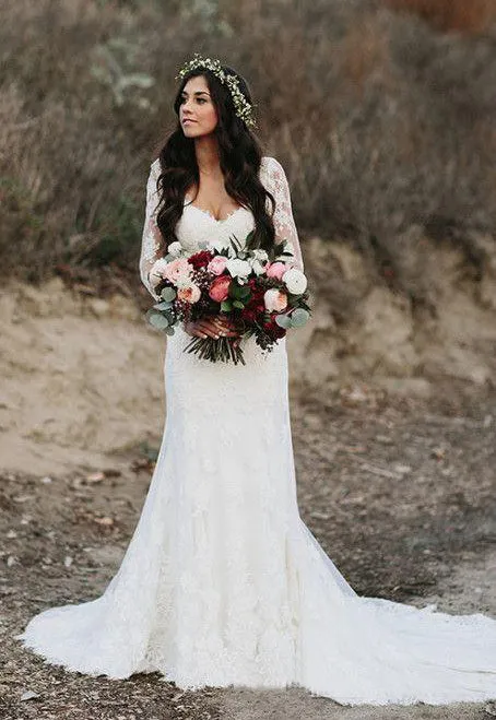 Country Style Sexy Deep V Neck Backless Long Sleeves Lace Court Train Wedding Gown-715399