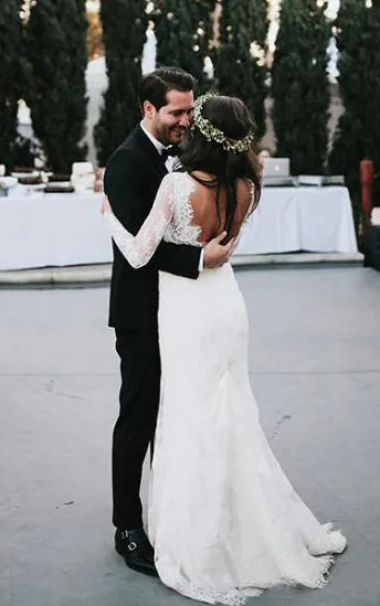 Country Style Sexy Deep V Neck Backless Long Sleeves Lace Court Train Wedding Gown-715399