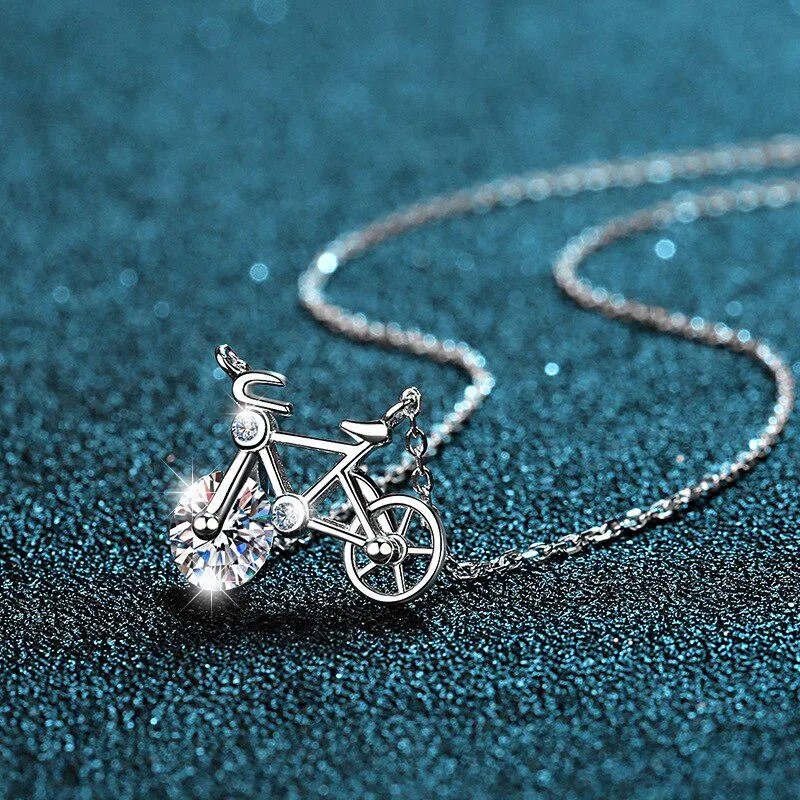 Cycolinks 925 Sterling Silver Mosanite/Zircon Cute Bicycle Pendant Necklace