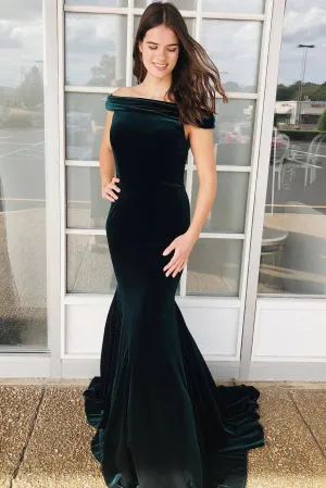 Dark Green Velvet Winter Formal Dress Off the Shoulder Prom Dress 2024