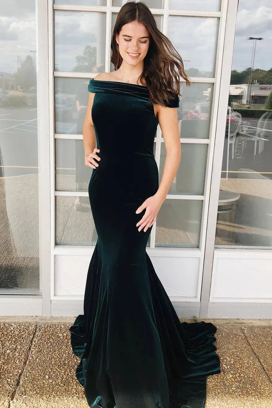 Dark Green Velvet Winter Formal Dress Off the Shoulder Prom Dress 2024