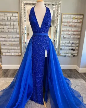 Deep V Neck Royal Blue Sequin Prom Dresses Mermaid with Tulle Train