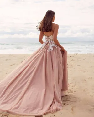 Delicate Blush Pink Lace Wedding Dress Appliques Sweetheart Strapless Sexy Bridal Gowns for Women