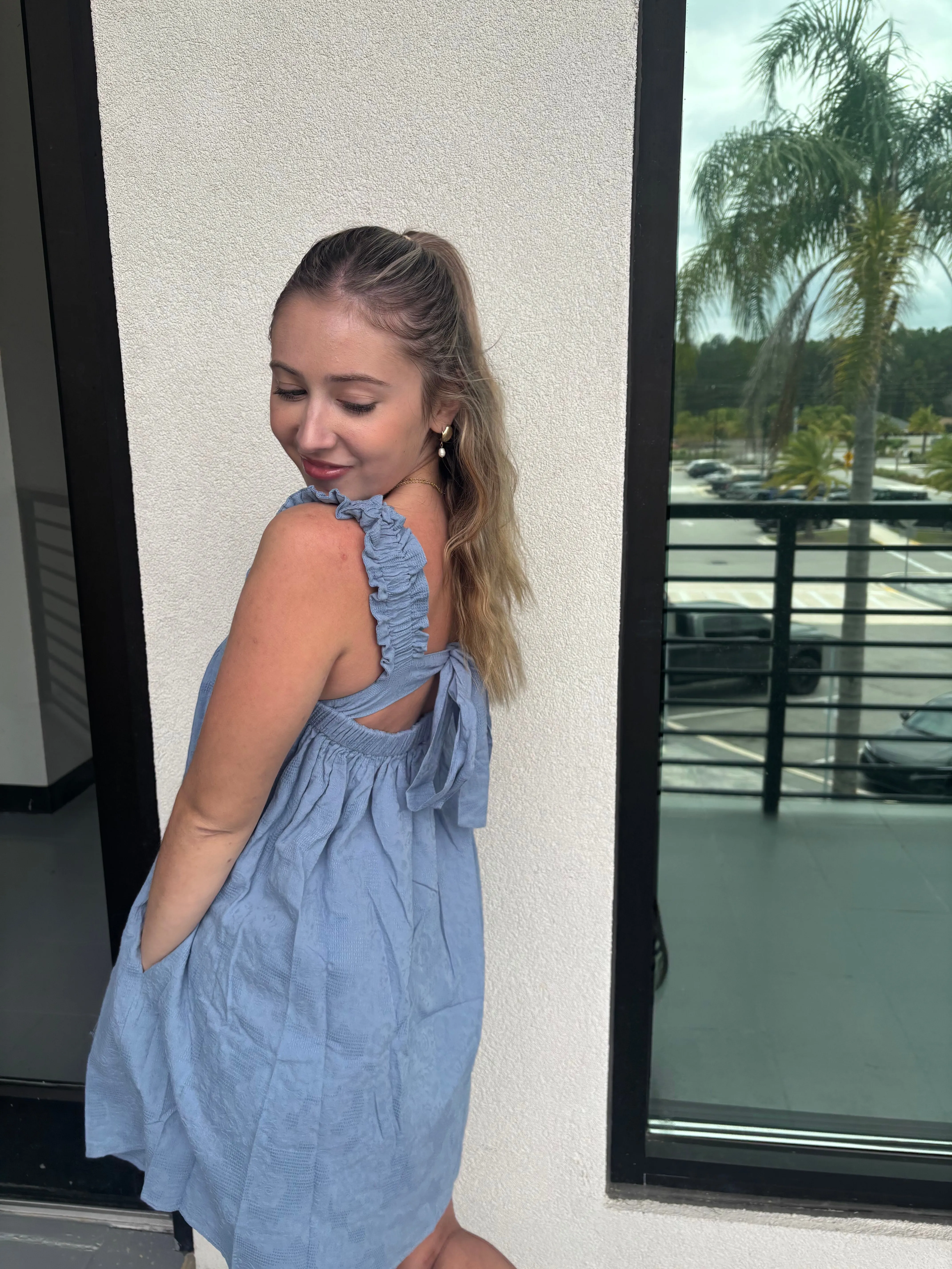 Denim Back Tie Sleeveless Mini Dress
