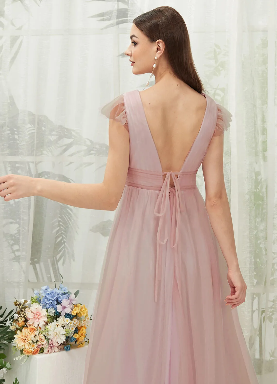 Dusty Pink Tulle Cap Sleeves Floor Length Flowy Bridesmaid Dresses