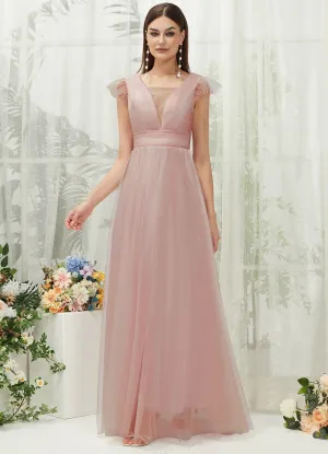 Dusty Pink Tulle Cap Sleeves Floor Length Flowy Bridesmaid Dresses