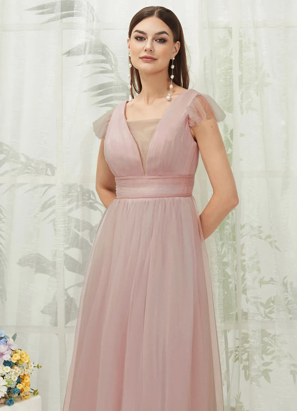 Dusty Pink Tulle Cap Sleeves Floor Length Flowy Bridesmaid Dresses