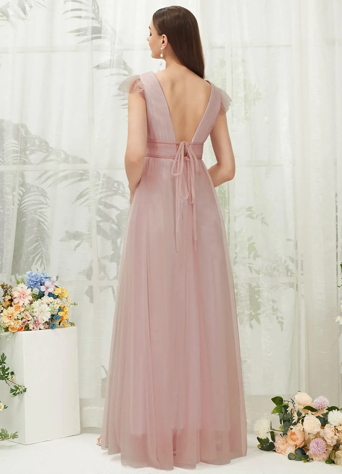 Dusty Pink Tulle Cap Sleeves Floor Length Flowy Bridesmaid Dresses