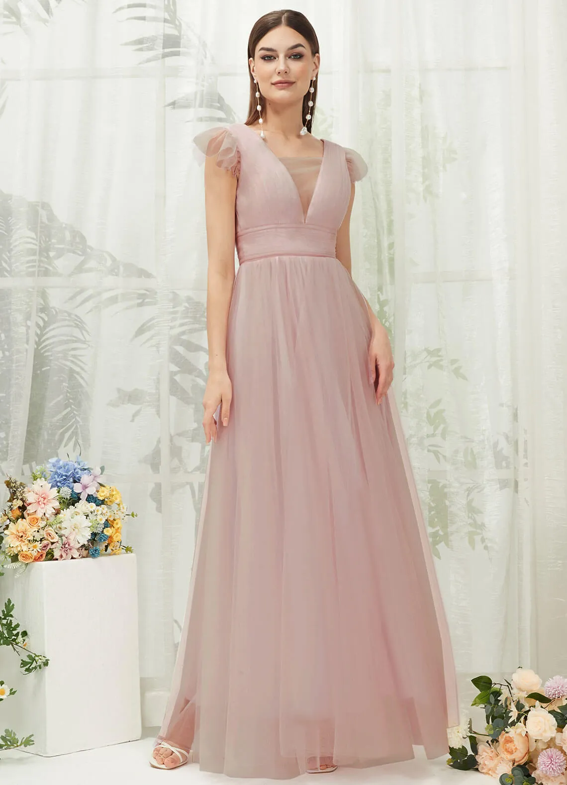 Dusty Pink Tulle Cap Sleeves Floor Length Flowy Bridesmaid Dresses
