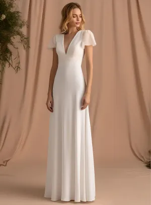 Elegant A-Line V-neck Satin Short Sleeve Wedding Dress Beach Country Garden Court Simple Bohemian Floor-length-MW_760002