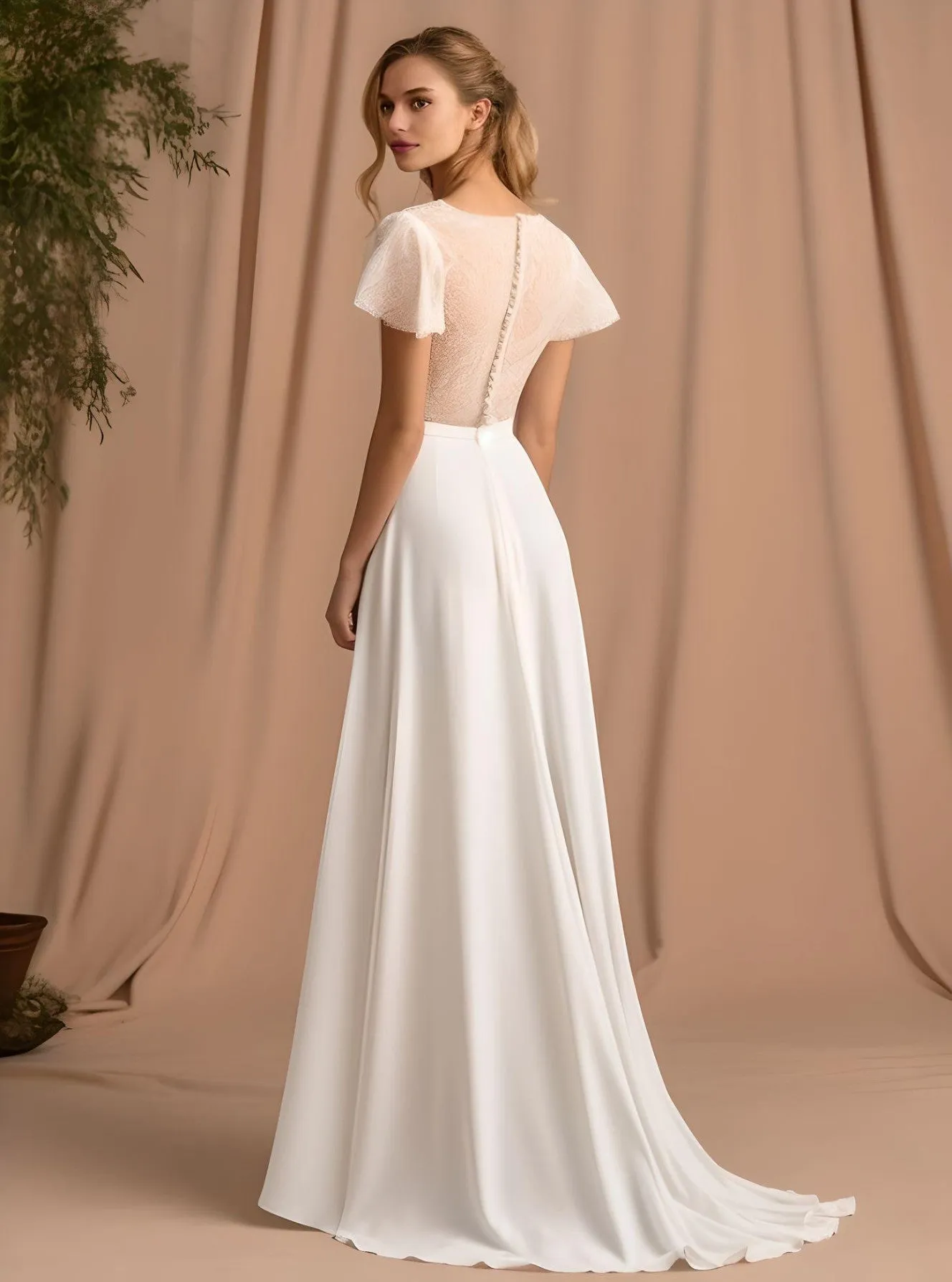 Elegant A-Line V-neck Satin Short Sleeve Wedding Dress Beach Country Garden Court Simple Bohemian Floor-length-MW_760002