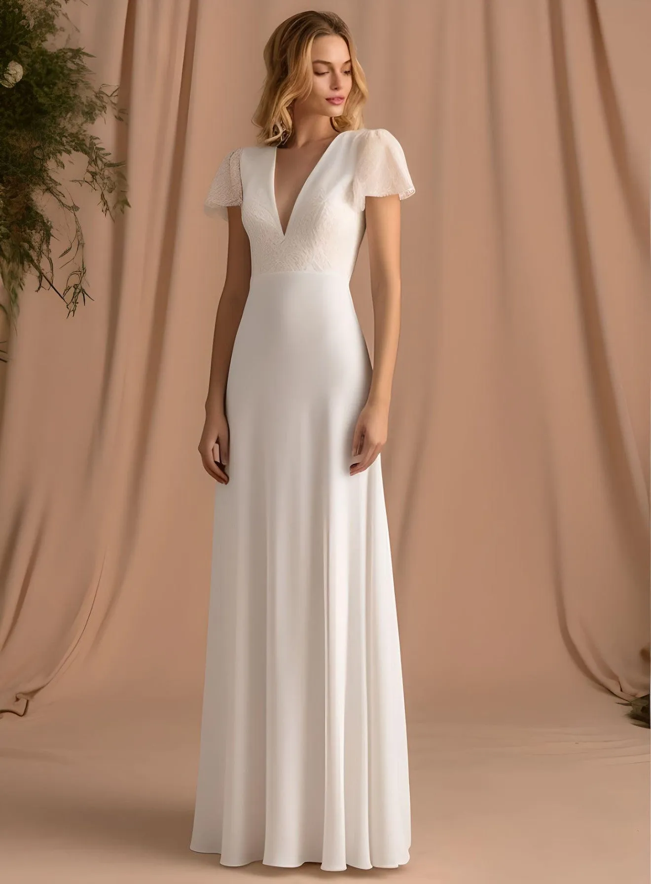 Elegant A-Line V-neck Satin Short Sleeve Wedding Dress Beach Country Garden Court Simple Bohemian Floor-length-MW_760002