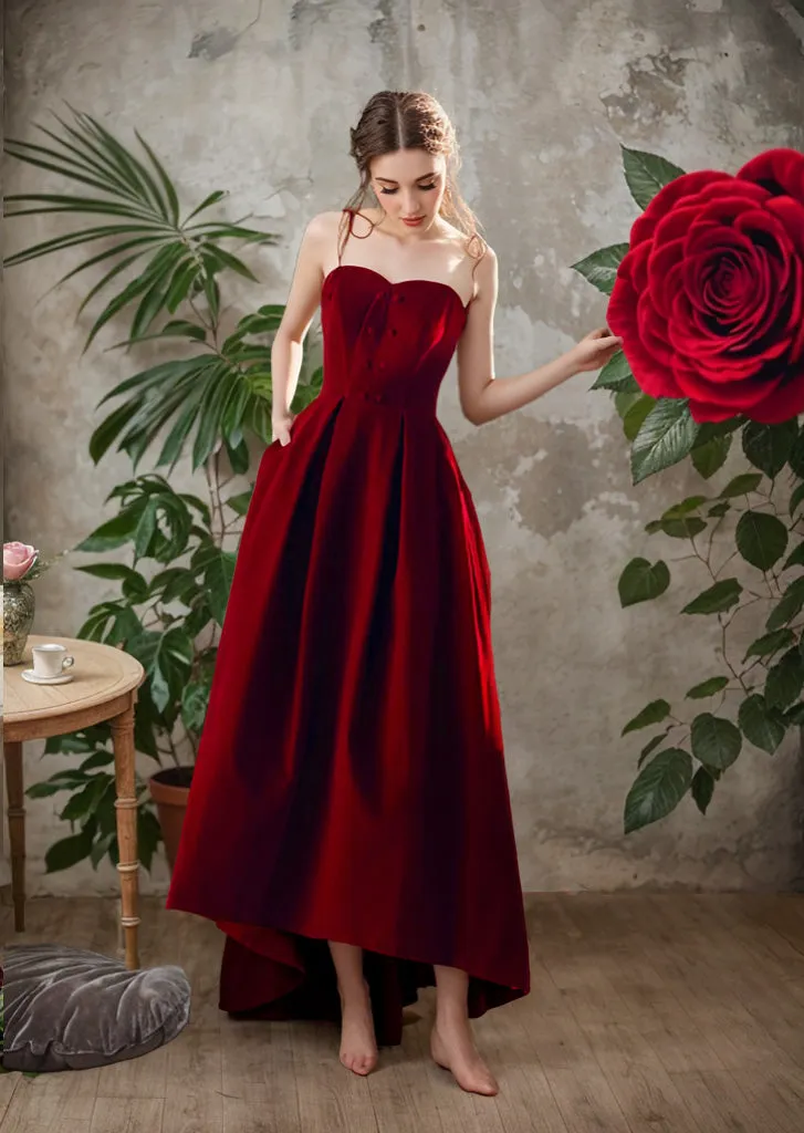 Elegant A-Line Velvet Prom Dress with Spaghetti Straps Long Short Skirt