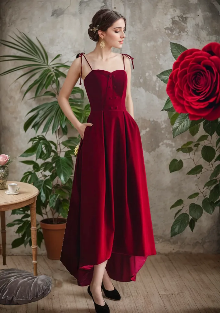 Elegant A-Line Velvet Prom Dress with Spaghetti Straps Long Short Skirt