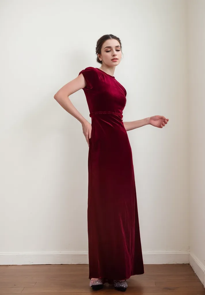 Elegant Burgundy Velvet Cap Sleeve Floor-Length Evening Dress