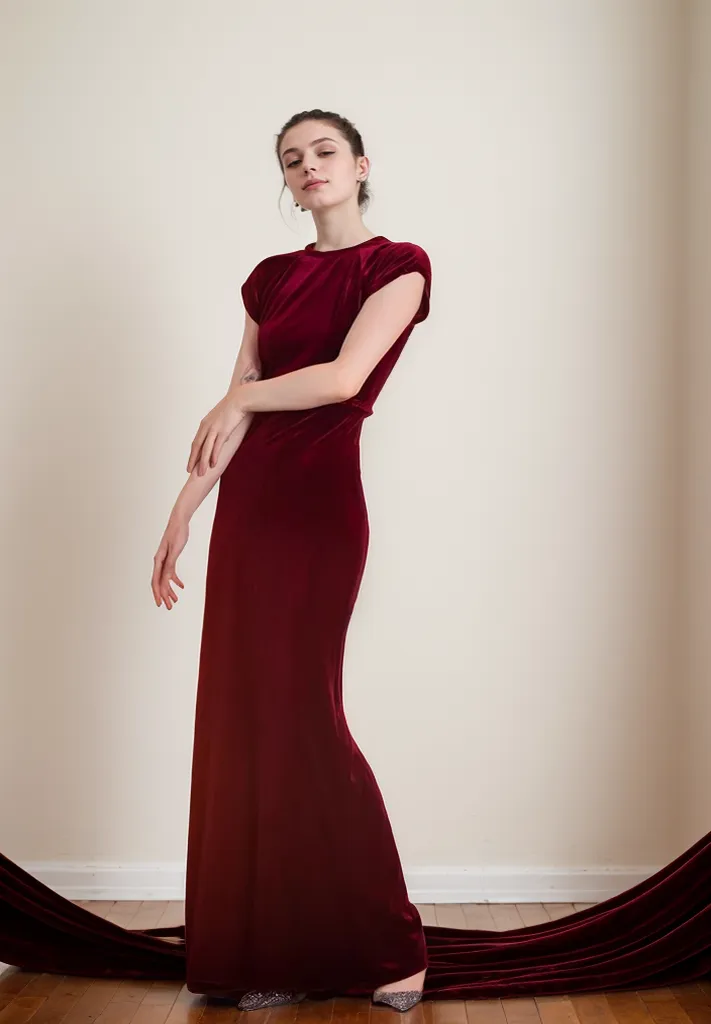 Elegant Burgundy Velvet Cap Sleeve Floor-Length Evening Dress