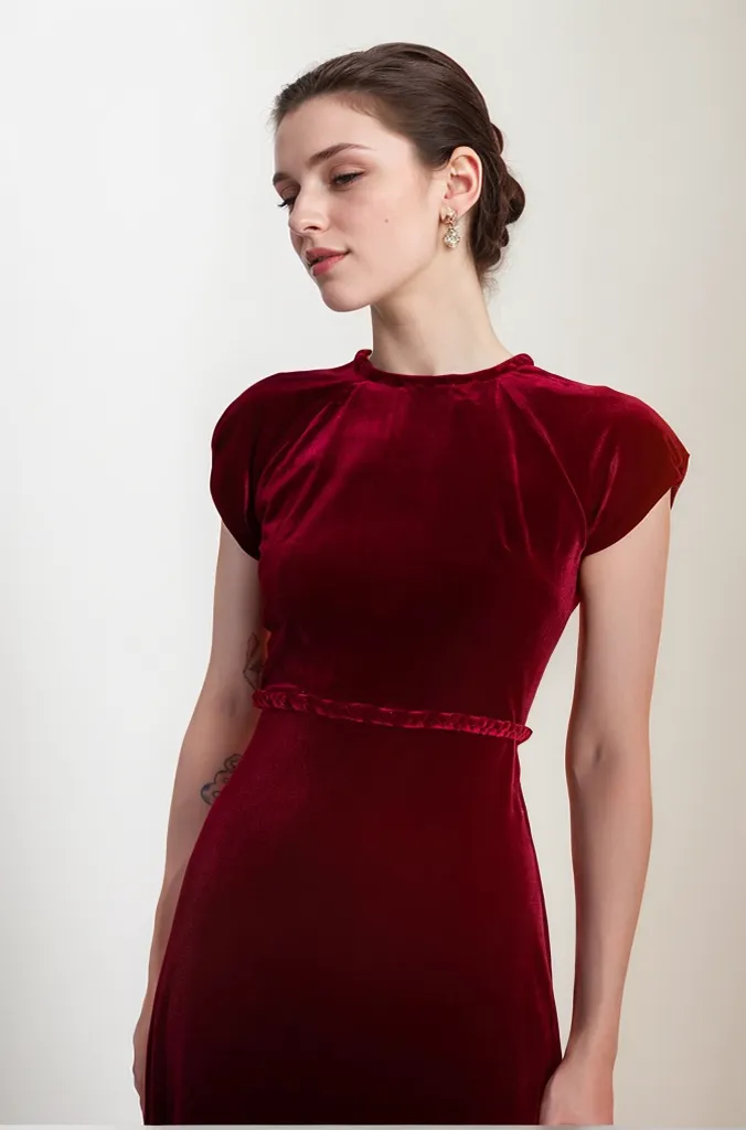 Elegant Burgundy Velvet Cap Sleeve Floor-Length Evening Dress