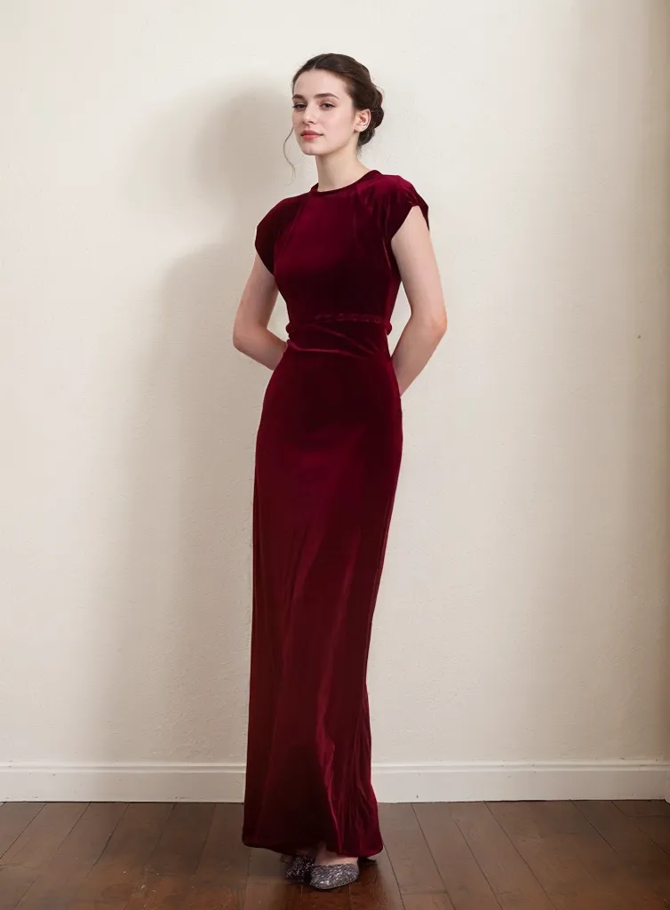 Elegant Burgundy Velvet Cap Sleeve Floor-Length Evening Dress