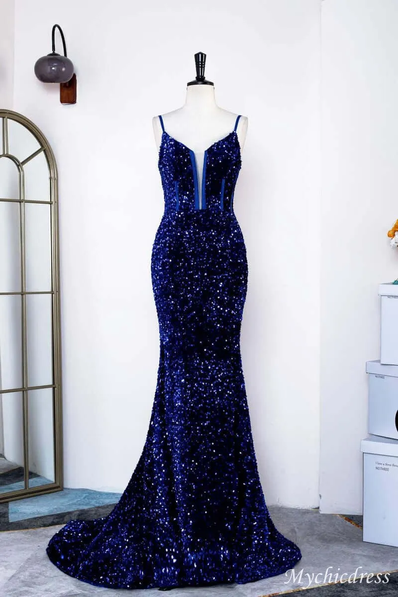 Elegant Mermaid Long Formal Dress Royal Blue Sequin Prom Dress