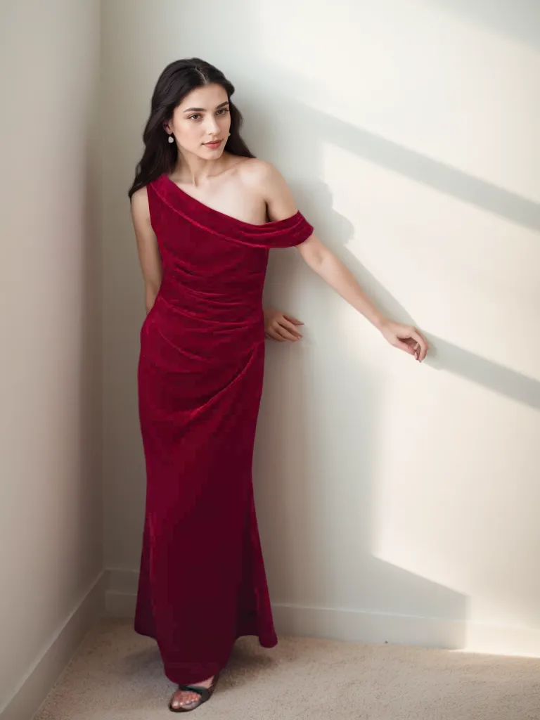 Elegant One-Shoulder Velvet Evening Gown with Floor-Length Design