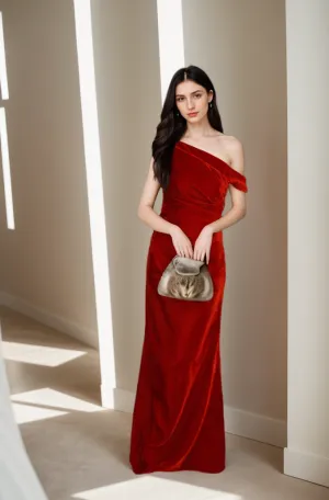 Elegant One-Shoulder Velvet Evening Gown with Floor-Length Design