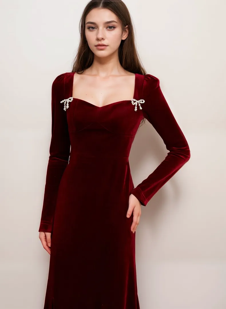 Elegant Red Velvet Long Sleeve Layered Hem Evening Dress with Pearl Bow Detail