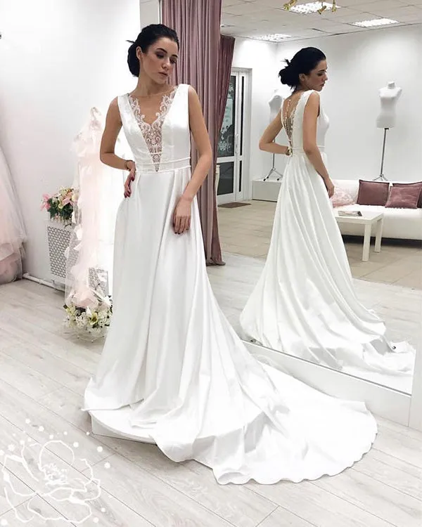Elegant Silk like Satin Wedding Dresses Lace Appliques A Line V-Neck Bohemian Wedding Gown