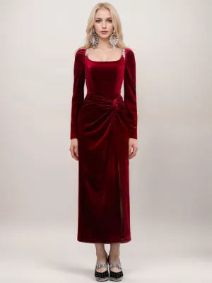 Elegant Velvet Evening Gown with Crystal Straps & Draped Waist thigh slit