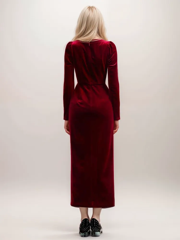 Elegant Velvet Evening Gown with Crystal Straps & Draped Waist thigh slit
