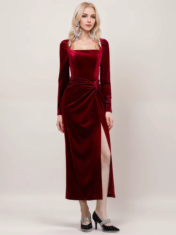 Elegant Velvet Evening Gown with Crystal Straps & Draped Waist thigh slit