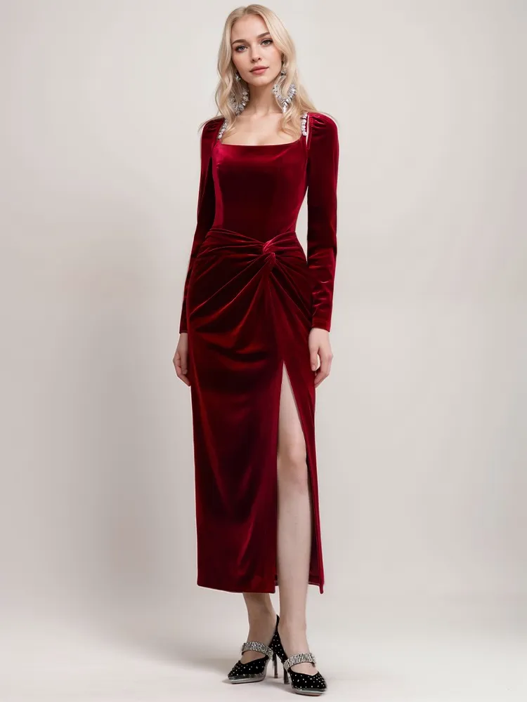 Elegant Velvet Evening Gown with Crystal Straps & Draped Waist thigh slit