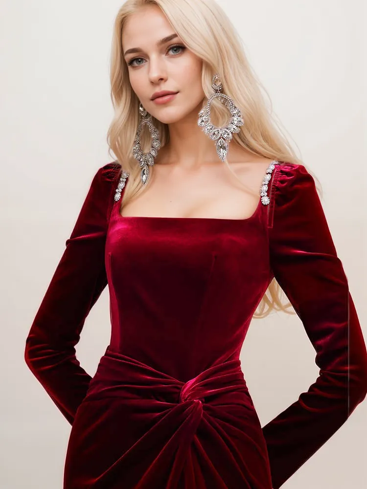 Elegant Velvet Evening Gown with Crystal Straps & Draped Waist thigh slit