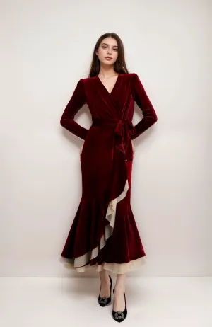 Elegant Velvet Wrap Midi Dress with Ruffle Mesh Hem