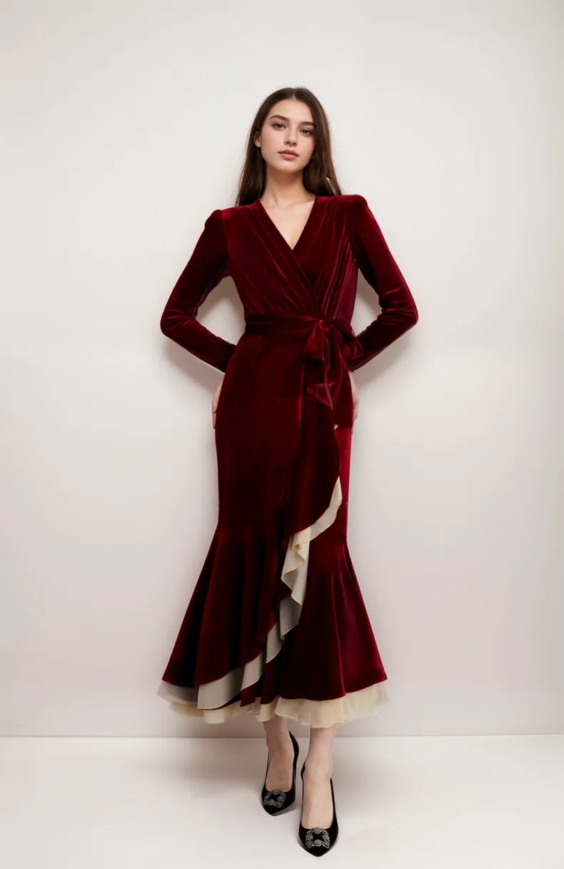 Elegant Velvet Wrap Midi Dress with Ruffle Mesh Hem
